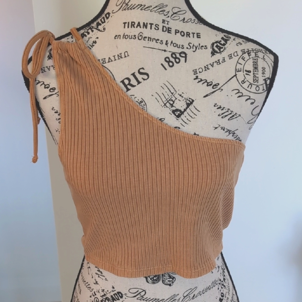 AERIE | Women's Tan Rebel Tie Ribbed One Shoulder Tie Up Cropped Tank Top NWOT